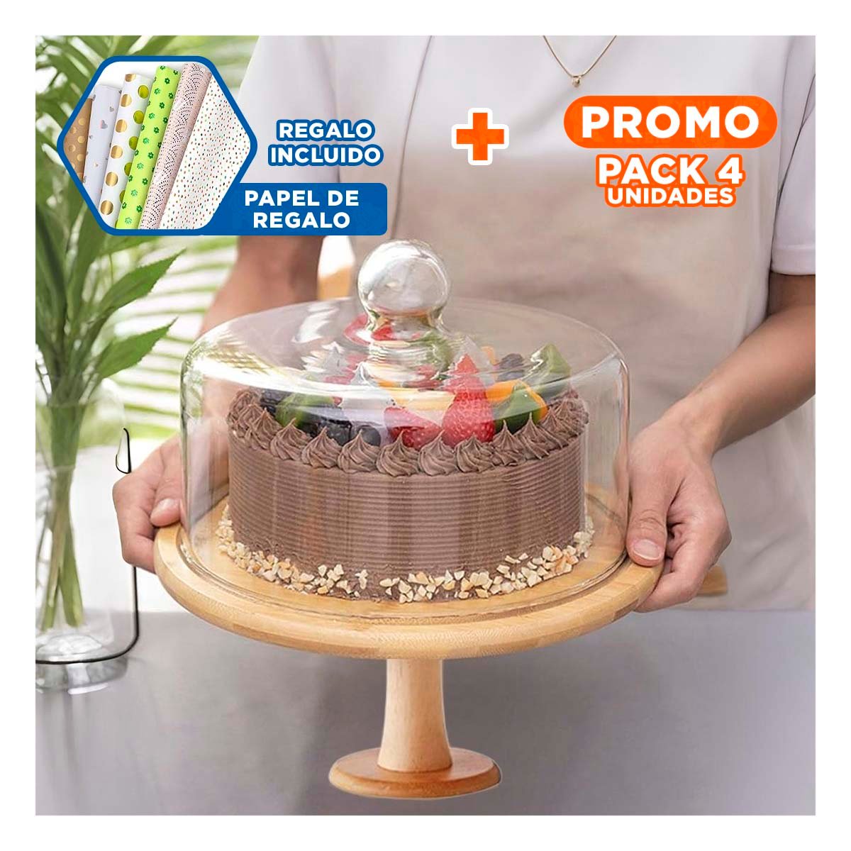 PACK4 MESA DE MADERA CON CUPULA DE VIDRIO 28CM IDEAL PARA REPOSTERIA Y POSTRES Y+PAPEL REGALO - 1