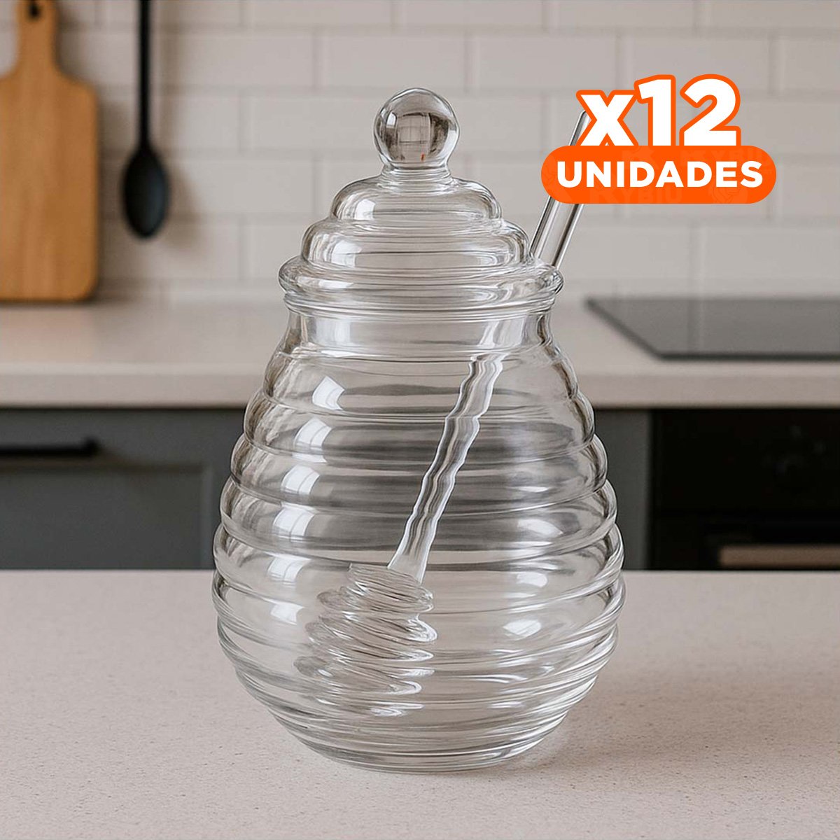 PACK12 RECIPIENTE TRANSPARENTE 450ML CON PALO DE MIEL PARA MESA EN VIDRIO - 1