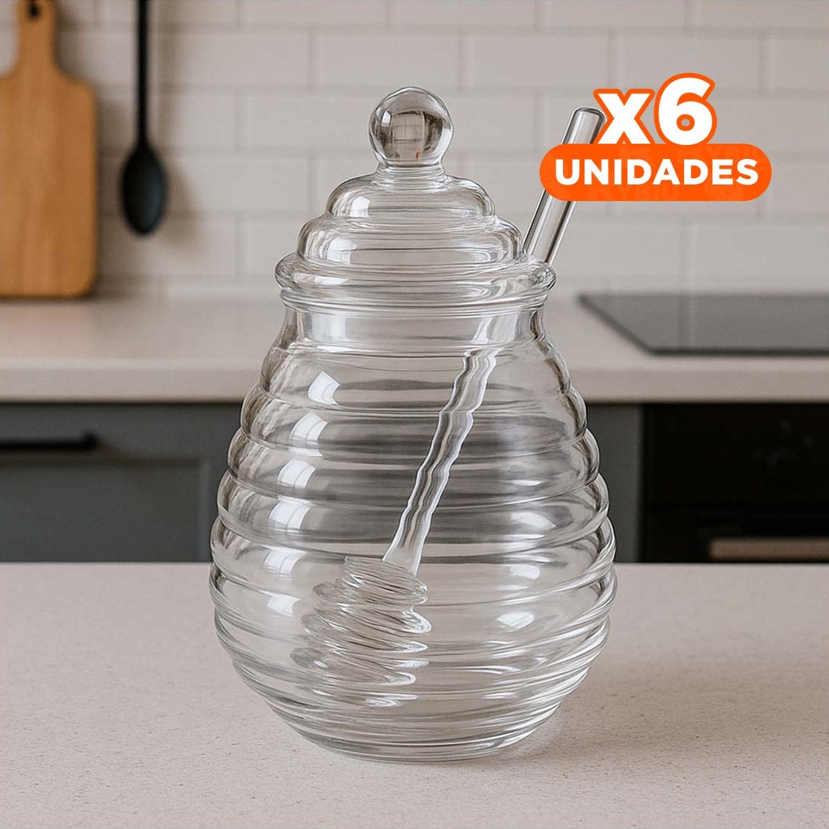 PACK6 RECIPIENTE EN VIDRIO PARA SERVIR MIEL 450ML CON PALO DE MIEL Y+REGALO STICKER - 1