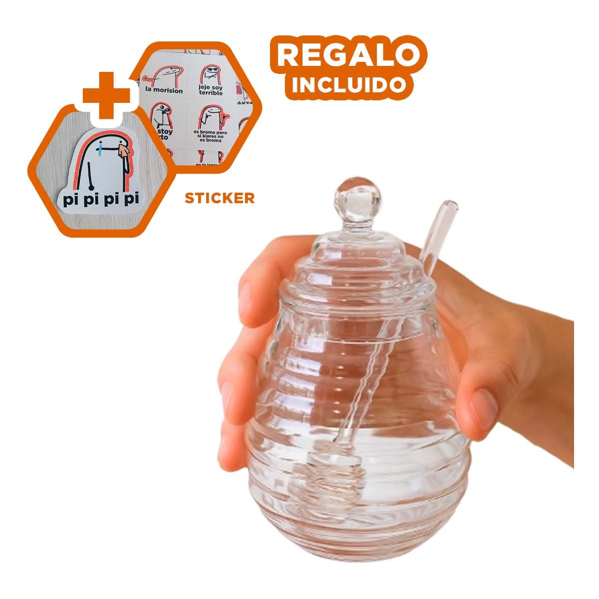 ENVASE CON PALO DE MIEL EN VIDRIO TRANSPARENTE 450ML PARA MESA Y+REGALO STICKER - 1