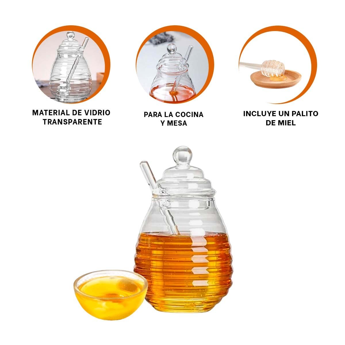 ENVASE TRANSPARENTE EN VIDRIO 450ML CON PALO DE MIEL PARA MIEL EN COCINA - 3