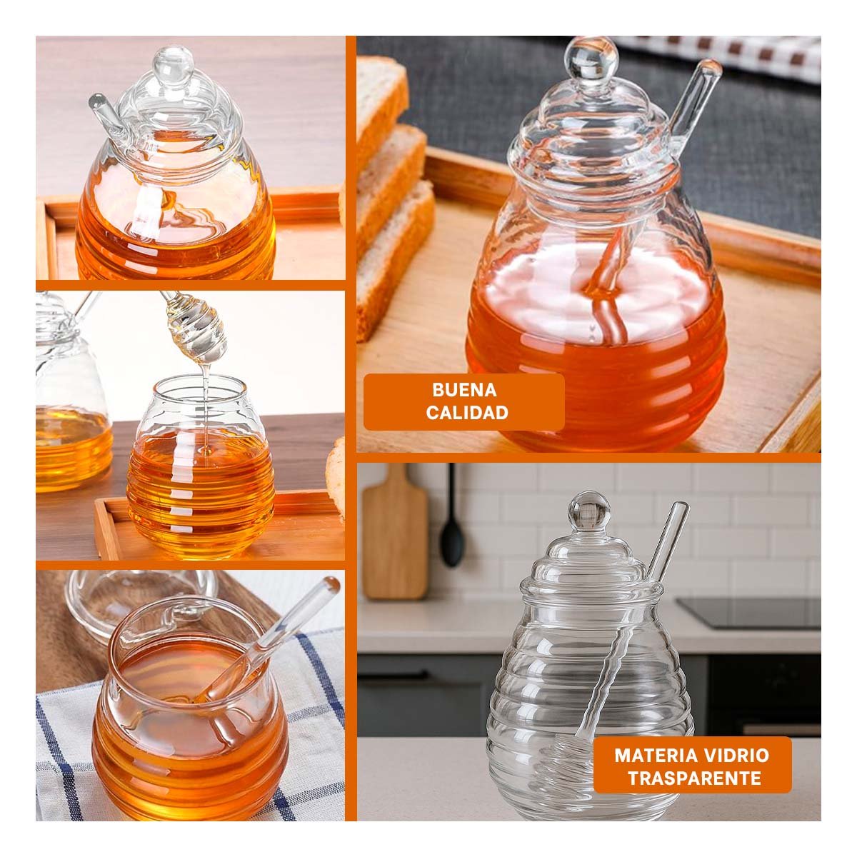 ENVASE TRANSPARENTE EN VIDRIO 450ML CON PALO DE MIEL PARA MIEL EN COCINA - 5