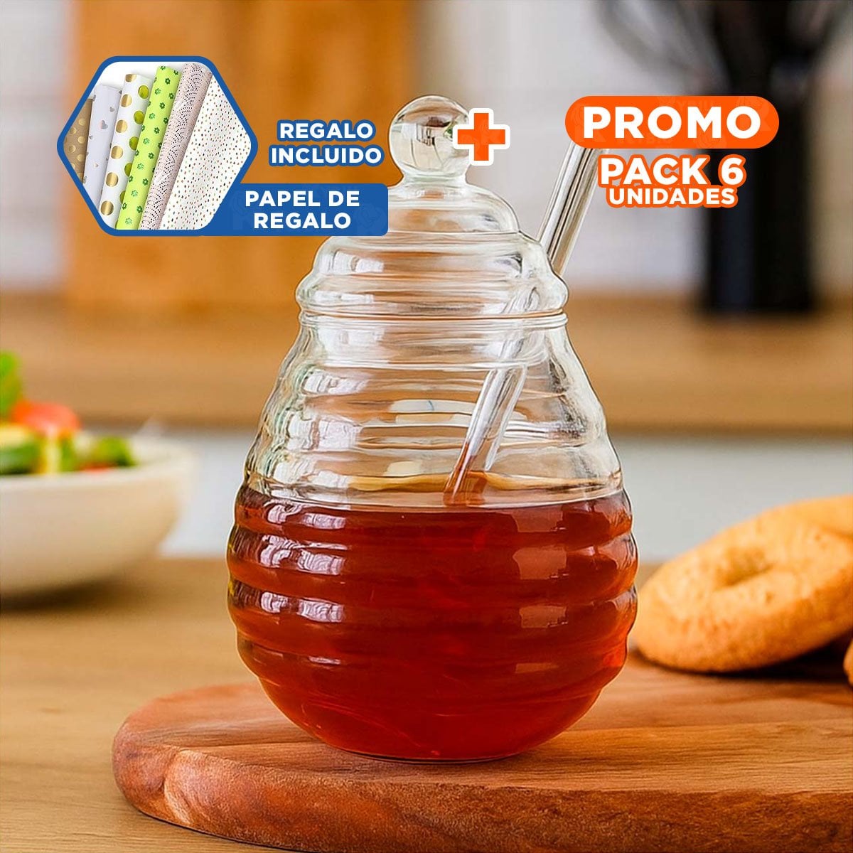 PACK6 RECIPIENTE CON PALO DE MIEL EN VIDRIO TRANSPARENTE 450ML Y+PAPEL REGALO - 1