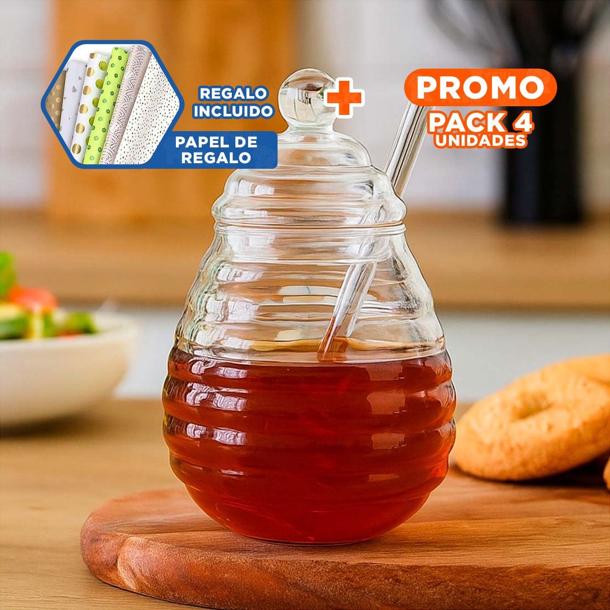 PACK4 FRASCO 450ML EN VIDRIO TRANSPARENTE PARA COCINA CON PALO DE MIEL Y+PAPEL REGALO - 1