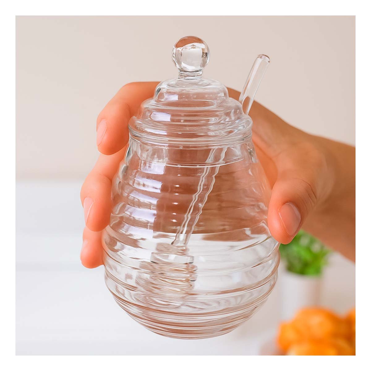 PACK4 FRASCO 450ML EN VIDRIO TRANSPARENTE PARA COCINA CON PALO DE MIEL Y+PAPEL REGALO - 5