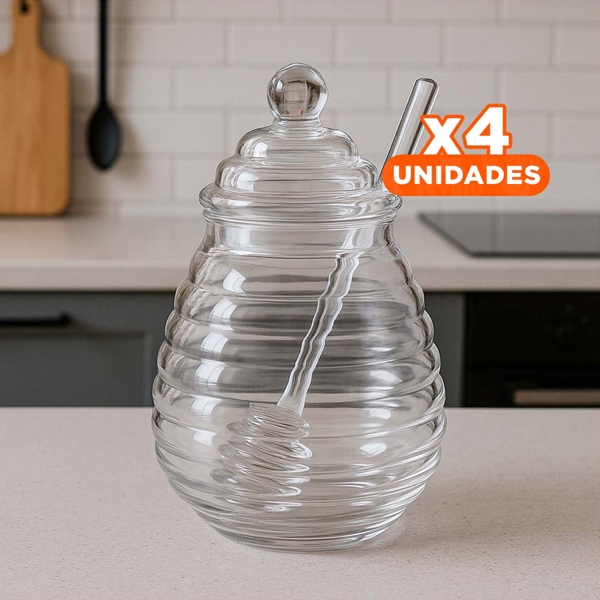 PACK4 FRASCO TRANSPARENTE PARA USO DIARIO EN VIDRIO 450ML CON PALO DE MIEL - 1
