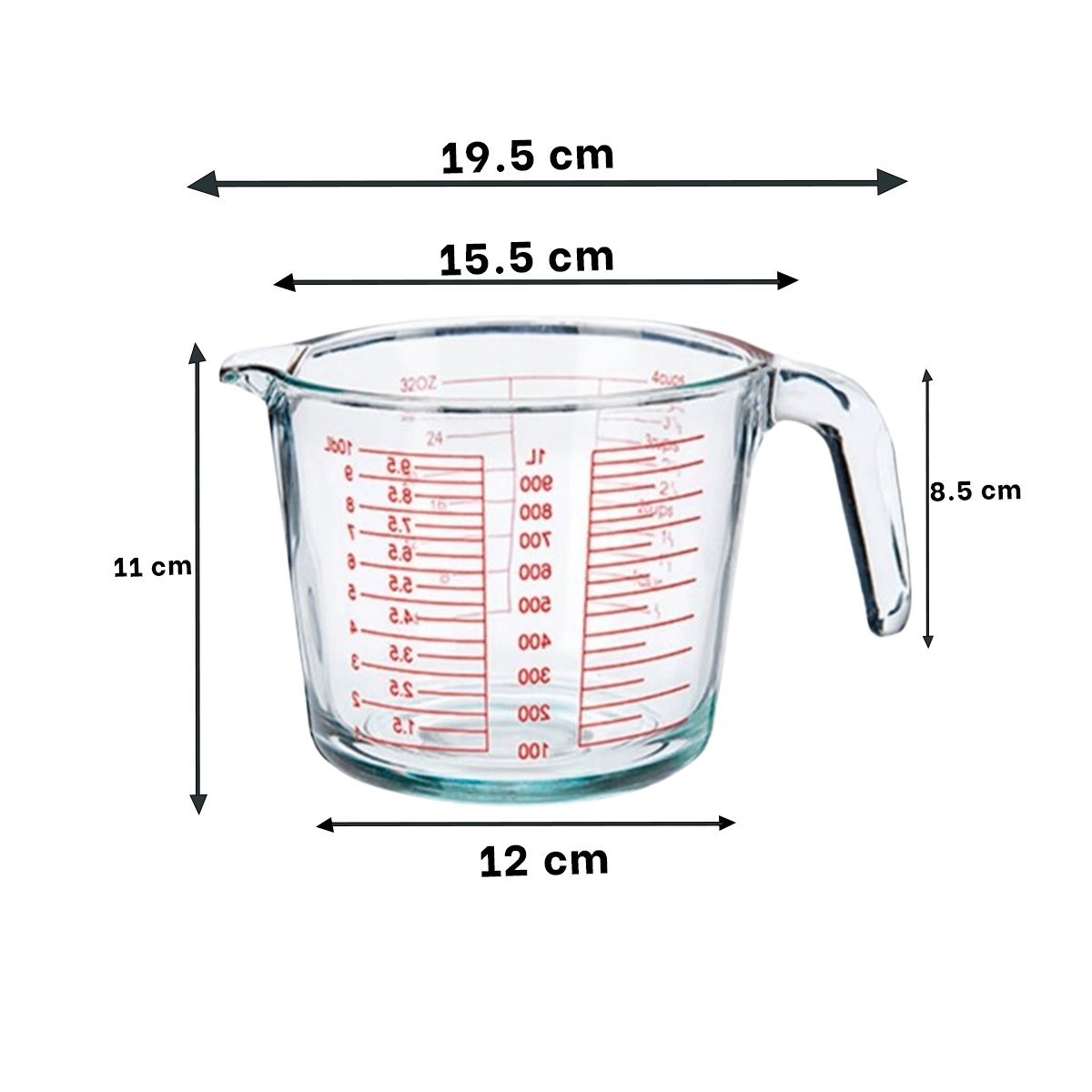 VASO MEDIDOR DE VIDRIO 1L TRANSPARENTE COMODO PARA MEDIR AGUA, LECHE Y JUGOS Y+PAPEL REGALO - 4