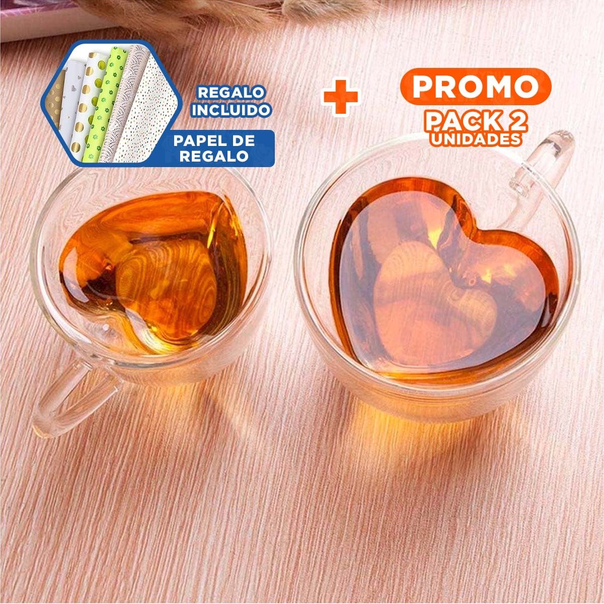 PACK2 TAZA COLOR TRANSPARENTE VIDRIO DE 250ML PERFIL CON FORMA DE CORAZON Y+PAPEL REGALO - 1