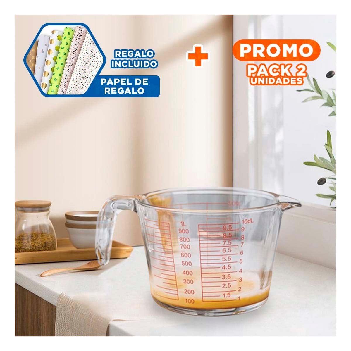 PACK2 JARRA MEDIDORA DE VIDRIO 1L COMODA PARA MEDIR AGUA, LECHE Y MEZCLAS Y+PAPEL REGALO - 1