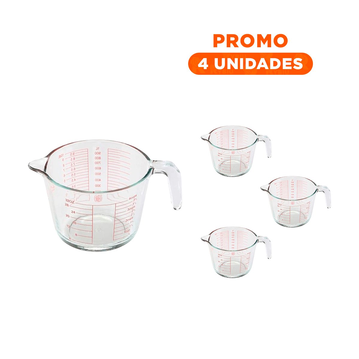 PACK4 PITCHER MEDIDOR DE VIDRIO 1L IDEAL PARA PREPARAR BEBIDAS Y MEZCLAS Y+REGALO STICKER - 1