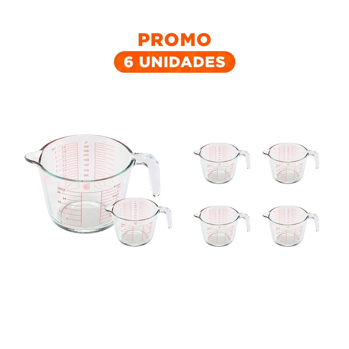 PACK6 PITCHER MEDIDOR DE VIDRIO 1L COMODO PARA MEDIR AGUA, LECHE Y INGREDIENTES - 1