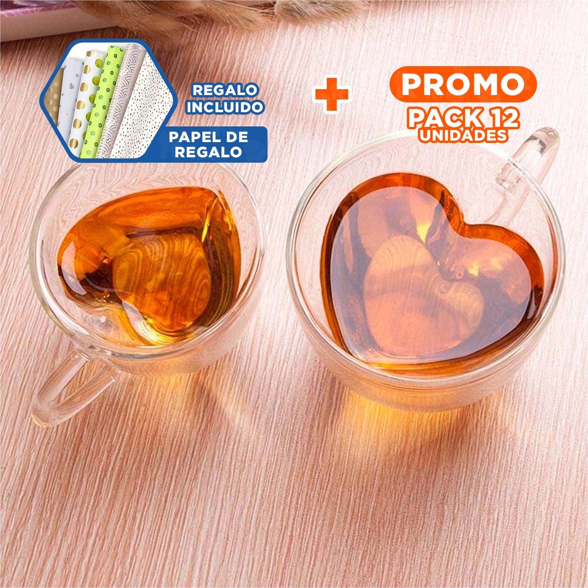 PACK12 RECIPIENTE VIDRIO DE 250ML PERFIL CON FORMA DE CORAZONTRANSPARENTE Y+PAPEL REGALO - 1