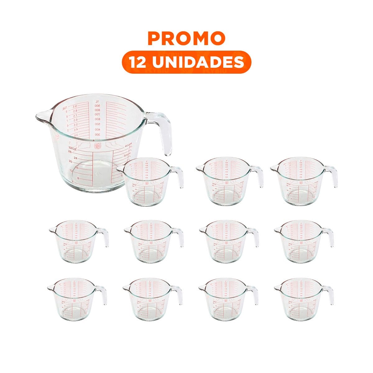 PACK12 TAZON MEDIDOR DE VIDRIO 1L COMODO PARA PREPARAR BEBIDAS Y MEZCLAS Y+REGALO STICKER - 1