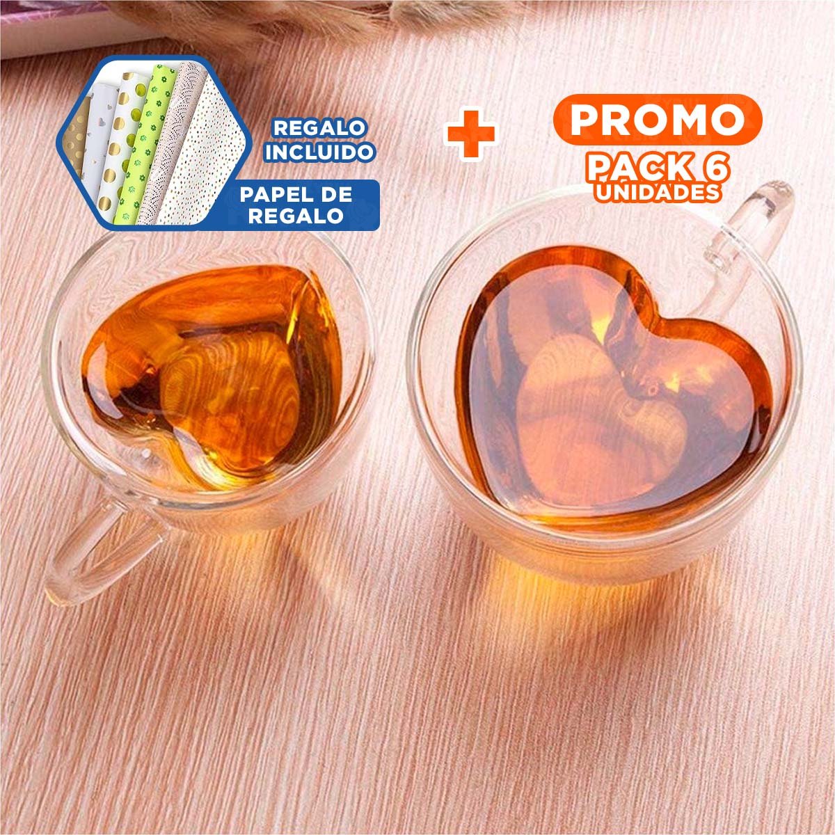 PACK6 COPA TRANSPARENTE DE 250ML PERFIL CON FORMA DE CORAZON VIDRIO Y+PAPEL REGALO - 1