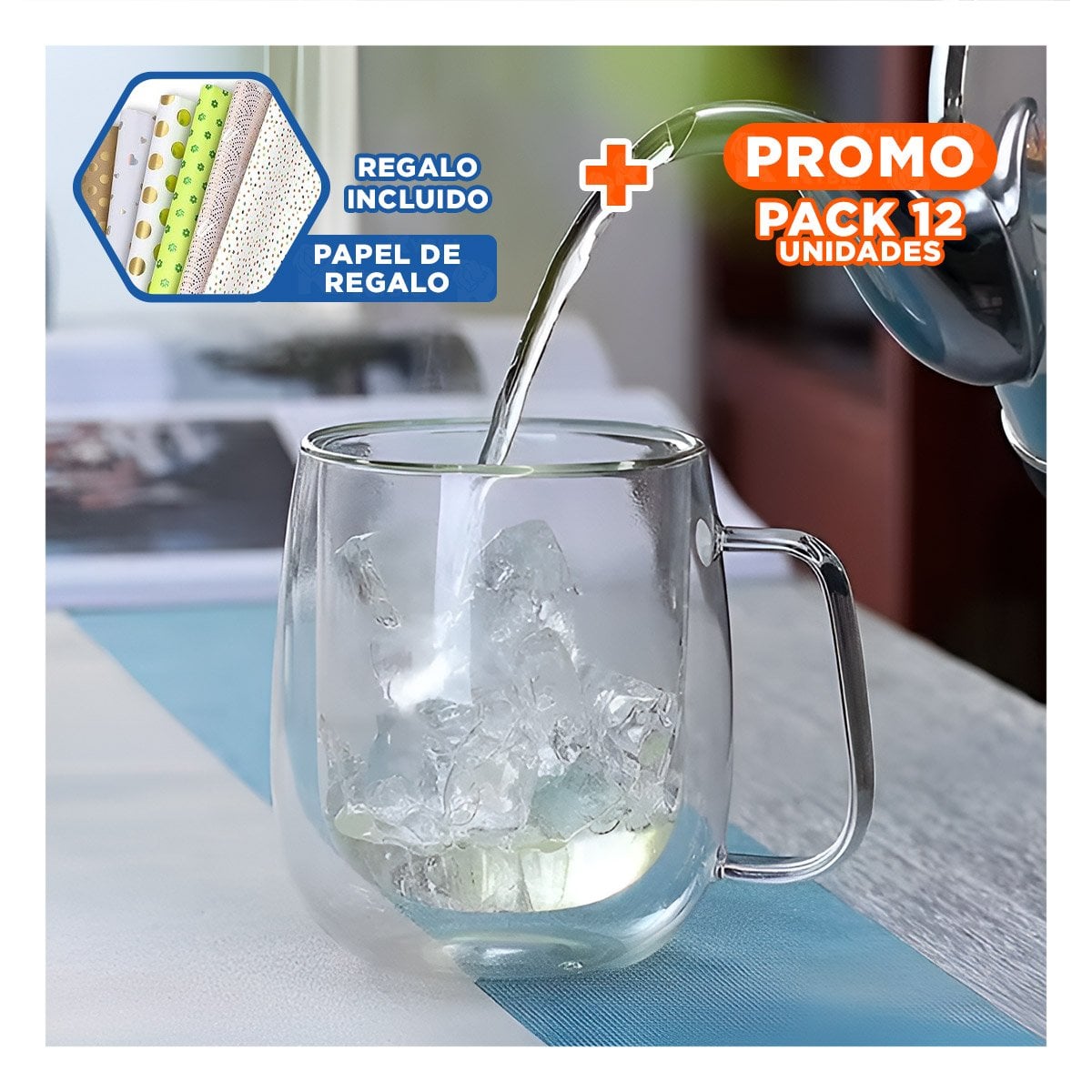 PACK12 RECIPIENTE TAZA DOBLE CAPA 443ML TRANSPARENTE PARA BEBIDAS FRIAS Y+PAPEL REGALO - 1