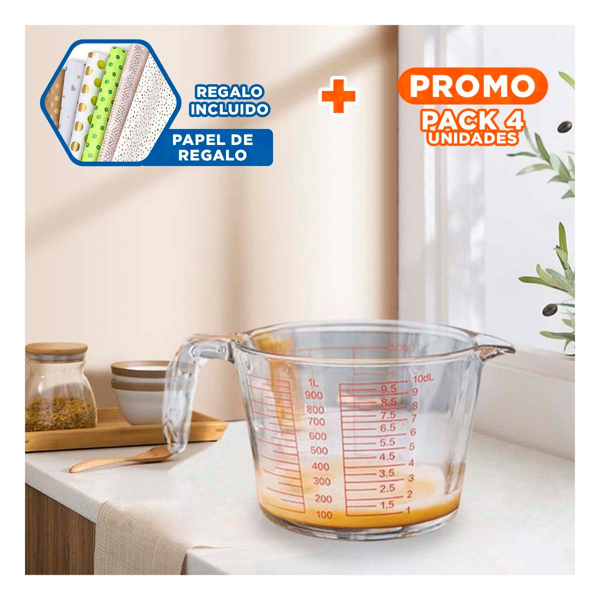 PACK4 JARRA MEDIDORA DE VIDRIO 1L PRACTICA PARA MEDIR INGREDIENTES Y LIQUIDOS Y+PAPEL REGALO - 1