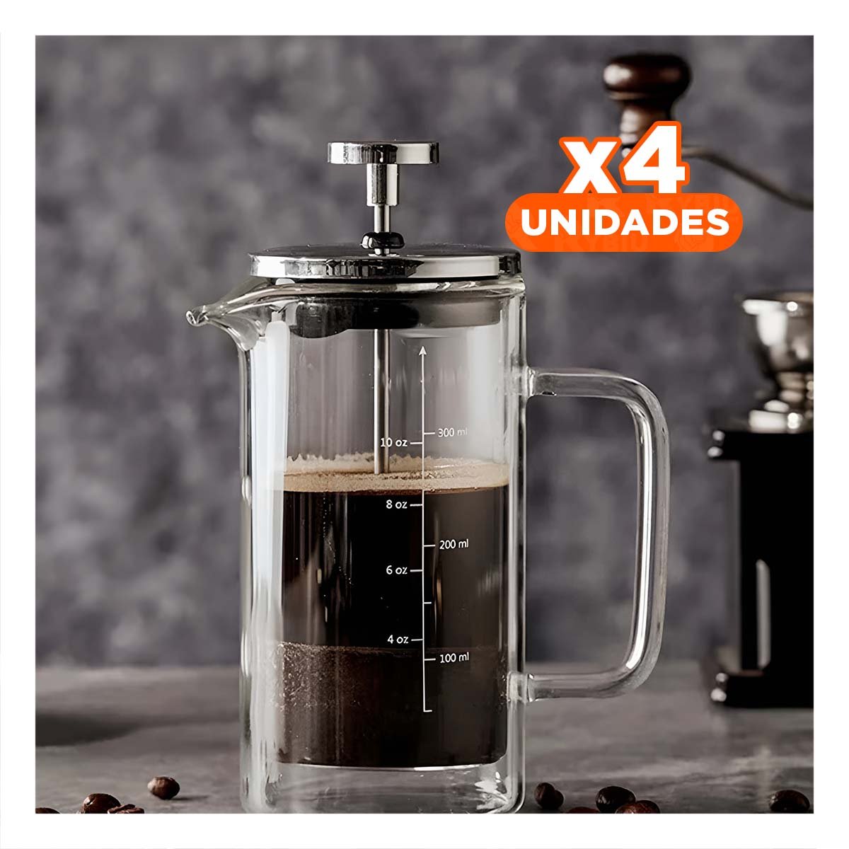 PACK4 PRENSA FRANCESA EN 350ML CON BOROSILICATO Y ACERO RECTO COLOR TRANSPARENTE - 1