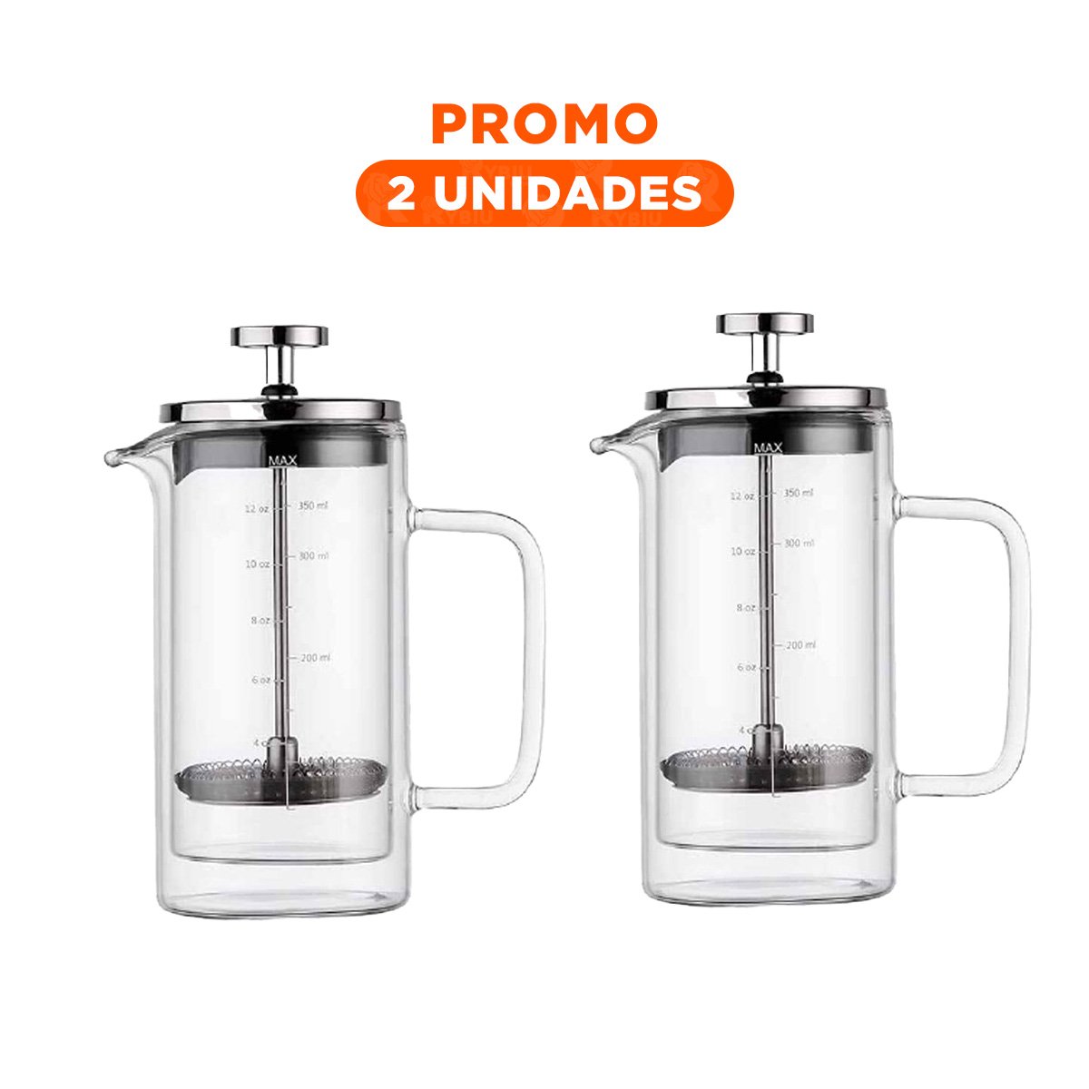 PACK2 PRENSA RECTO COLOR TRANSPARENTE 350ML PARA CAFE EN BOROSILICATO Y ACERO - 1