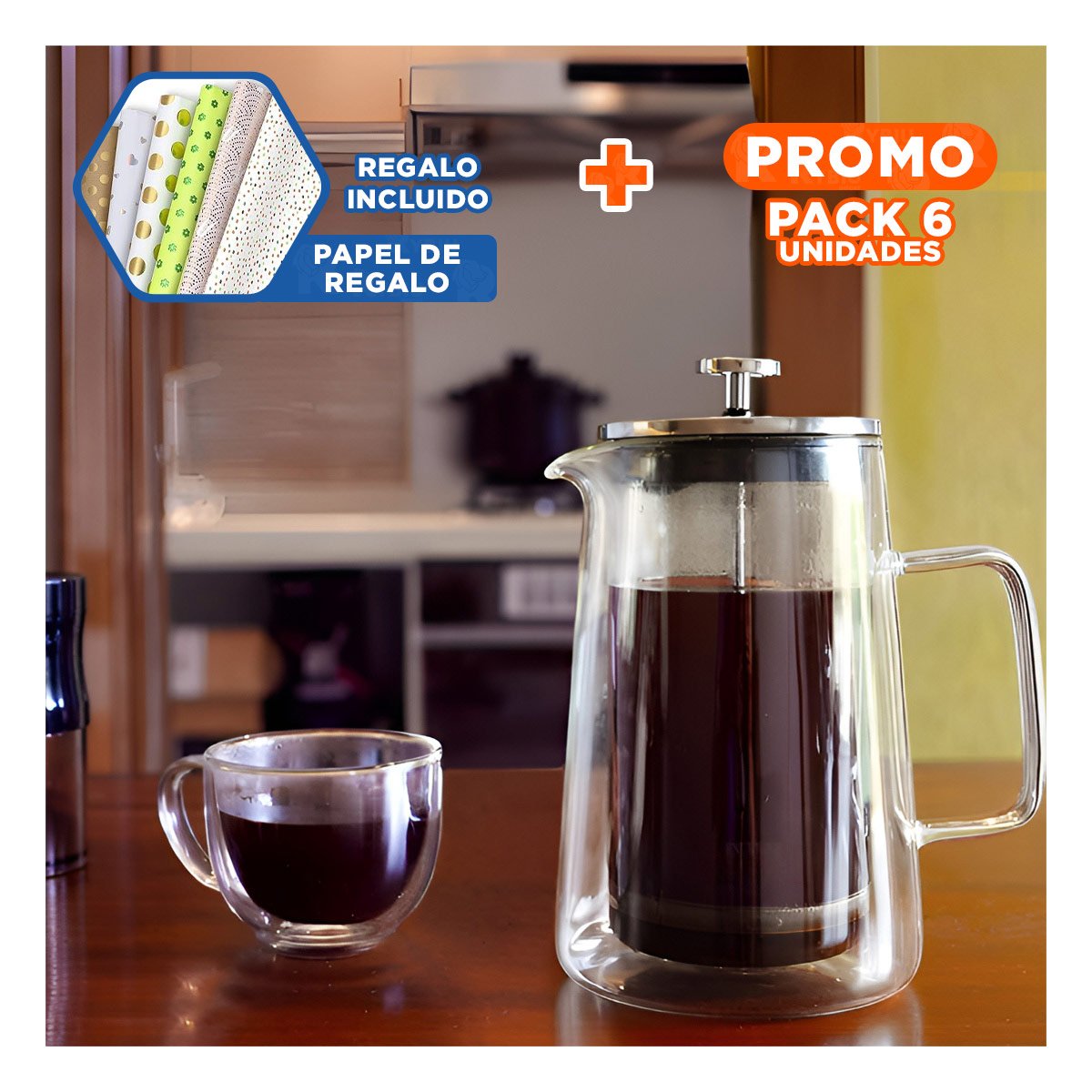 PACK6 INFUSOR DE COLOR TRANSPARENTE 350ML EN BOROSILICATO Y ACERO Y+PAPEL REGALO - 1