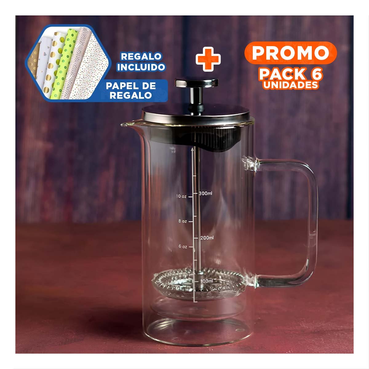 PACK6 INFUSOR RECTO COLOR TRANSPARENTE 350ML EN BOROSILICATO Y ACERO Y+PAPEL REGALO - 1