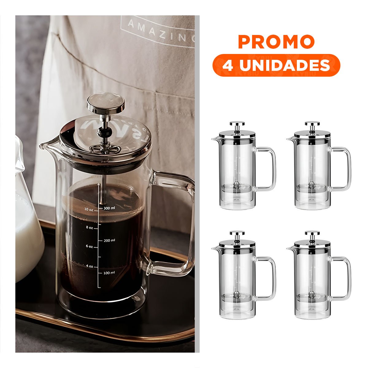 PACK4 INFUSOR FRANCES 350ML RECTO COLOR TRANSPARENTE EN BOROSILICATO CON ACERO Y+REGALO STICKER - 1