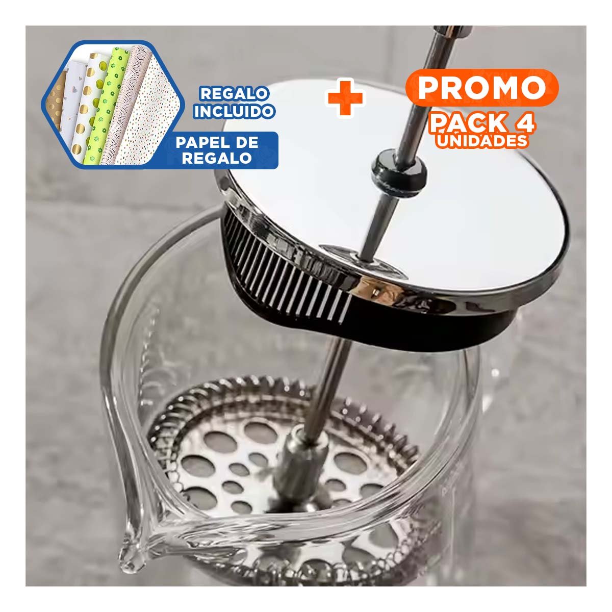 PACK4 PRENSA 350ML DE BOROSILICATO Y ACERO EN PRESENTACION RECTO TRANSPARENTE Y+PAPEL REGALO - 1