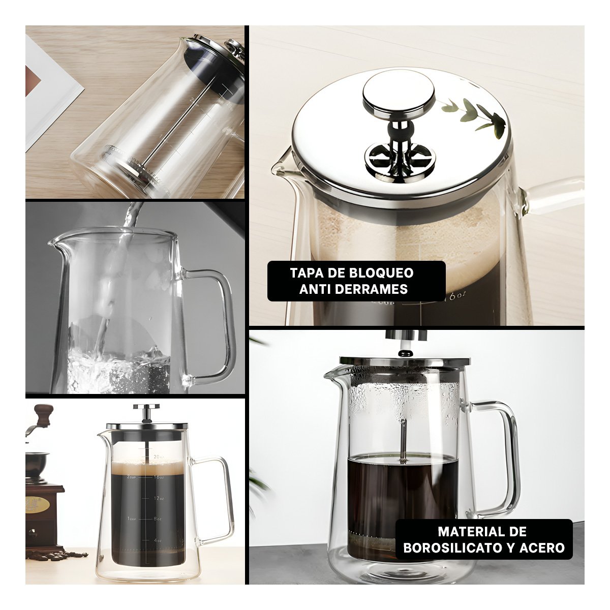 PACK4 INFUSOR FRANCES 350ML DE COLOR TRANSPARENTE EN BOROSILICATO CON ACERO Y+REGALO STICKER - 2