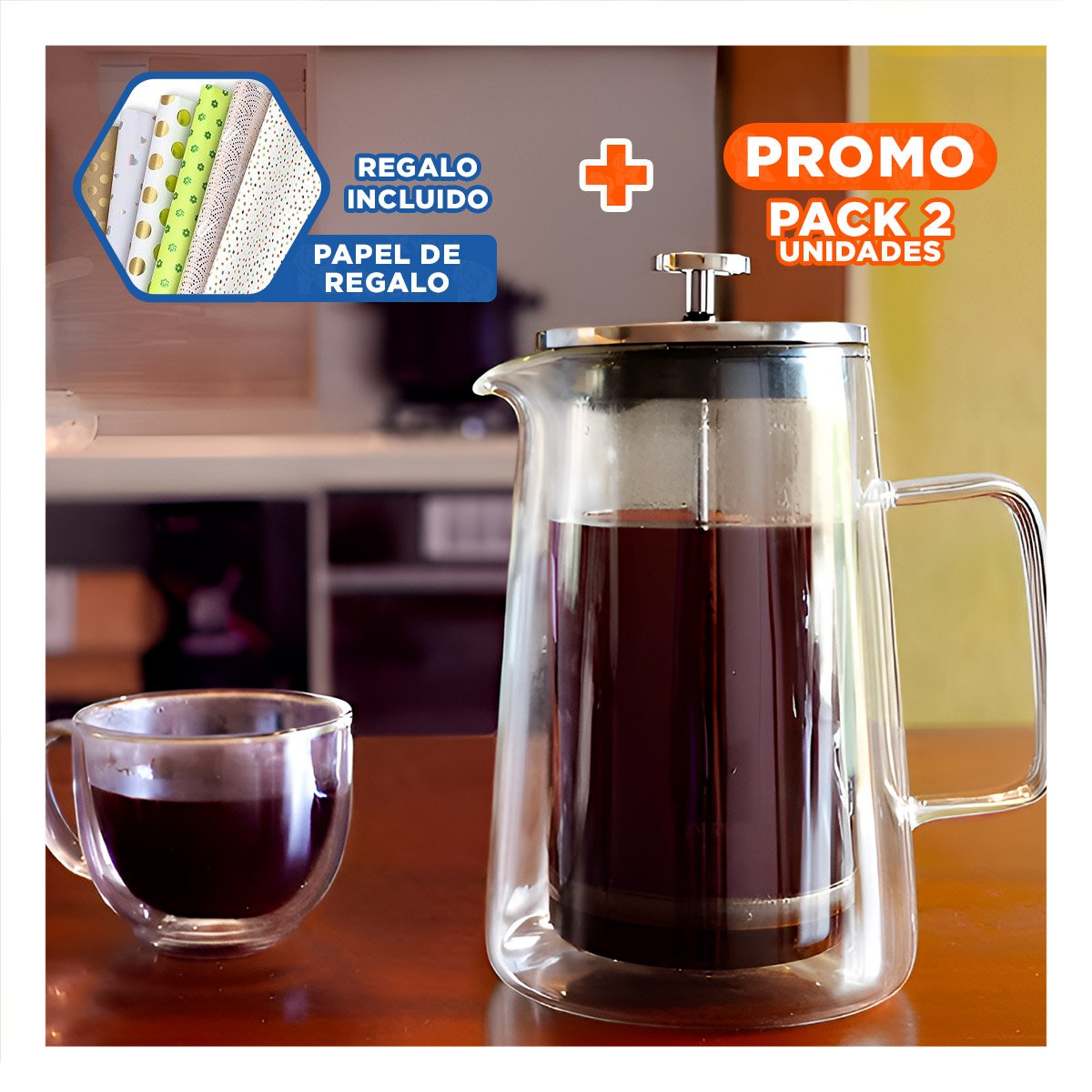 PACK2 PRENSA DE MESA 350ML DE COLOR TRANSPARENTE EN BOROSILICATO Y ACERO Y+PAPEL REGALO - 1