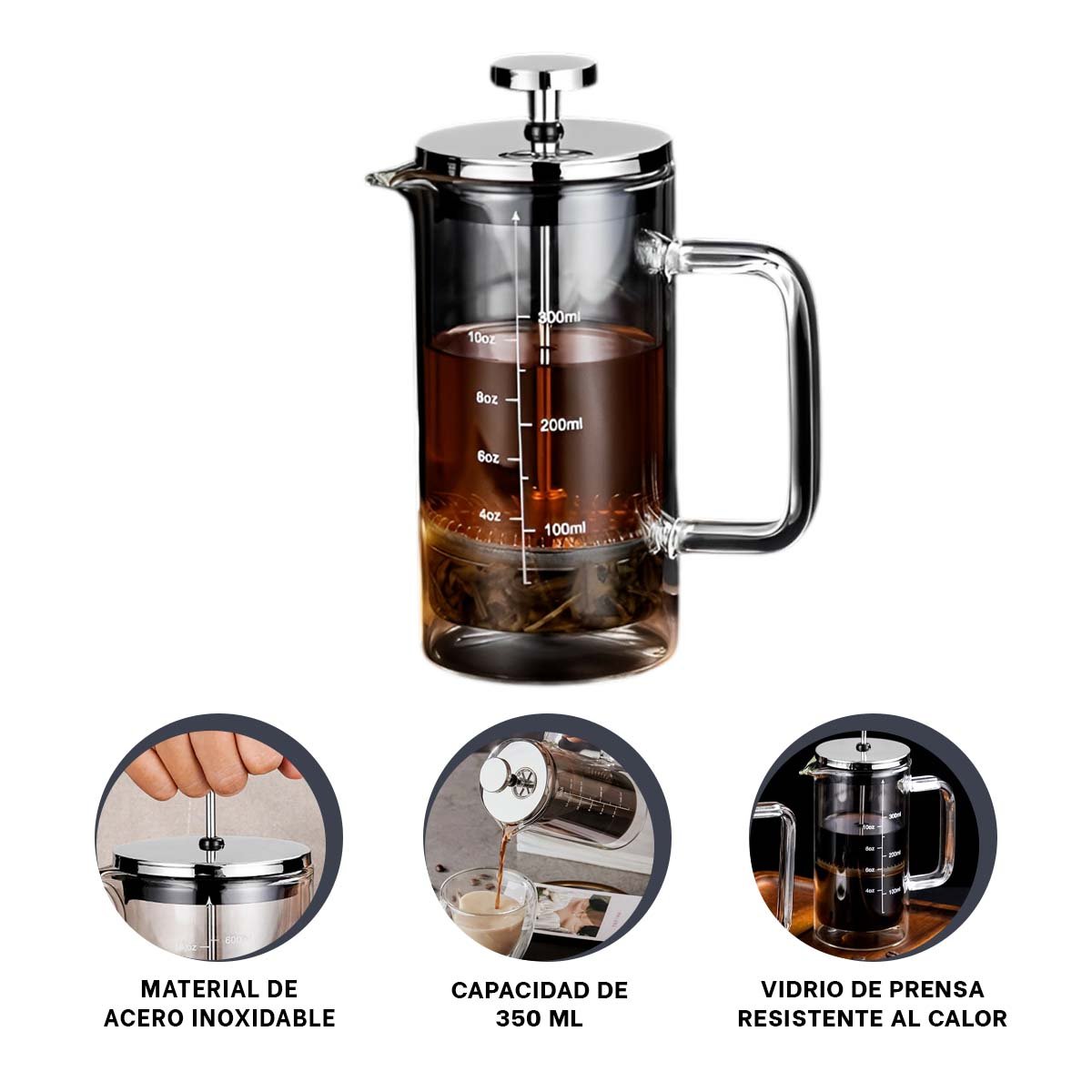 CAFETERA FRANCESA RECTO COLOR TRANSPARENTE 350ML EN BOROSILICATO Y ACERO - 3