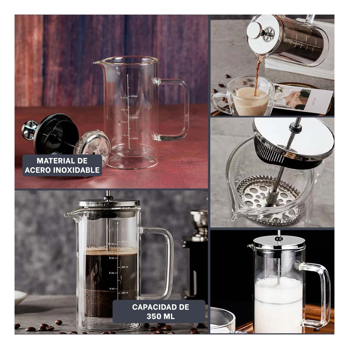 CAFETERA FRANCESA RECTO COLOR TRANSPARENTE 350ML EN BOROSILICATO Y ACERO - 5