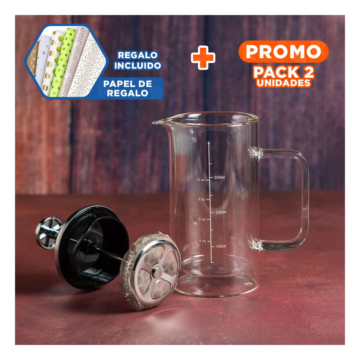 PACK2 PRENSA DE MESA 350ML RECTO COLOR TRANSPARENTE EN BOROSILICATO Y ACERO Y+PAPEL REGALO - 1