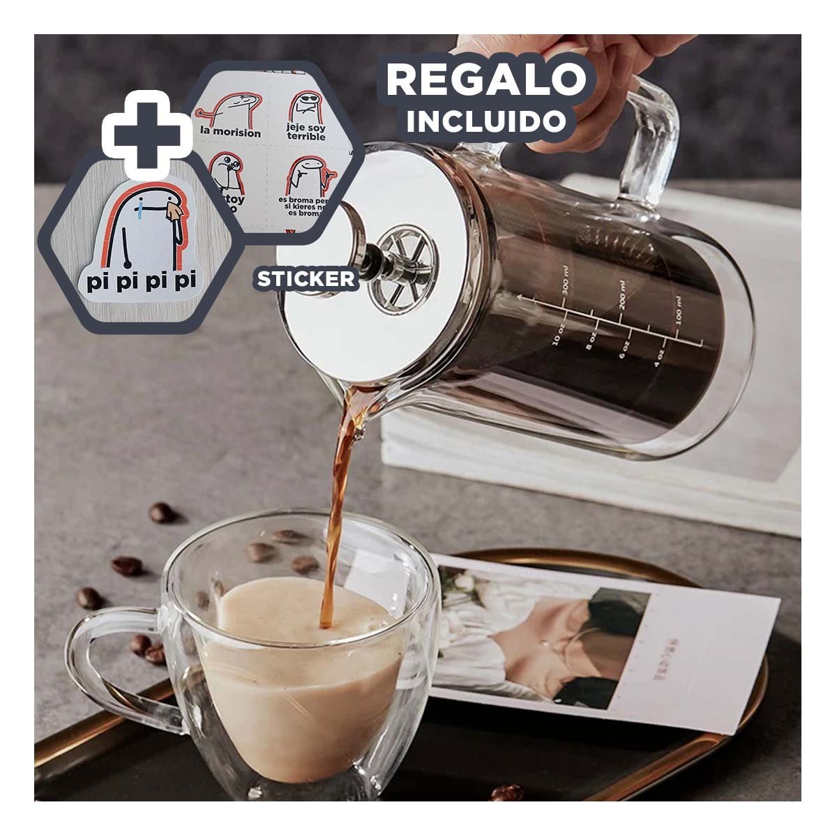 CAFETERA RECTO COLOR TRANSPARENTE 350ML PARA COCINA EN BOROSILICATO Y ACERO Y+REGALO STICKER - 1