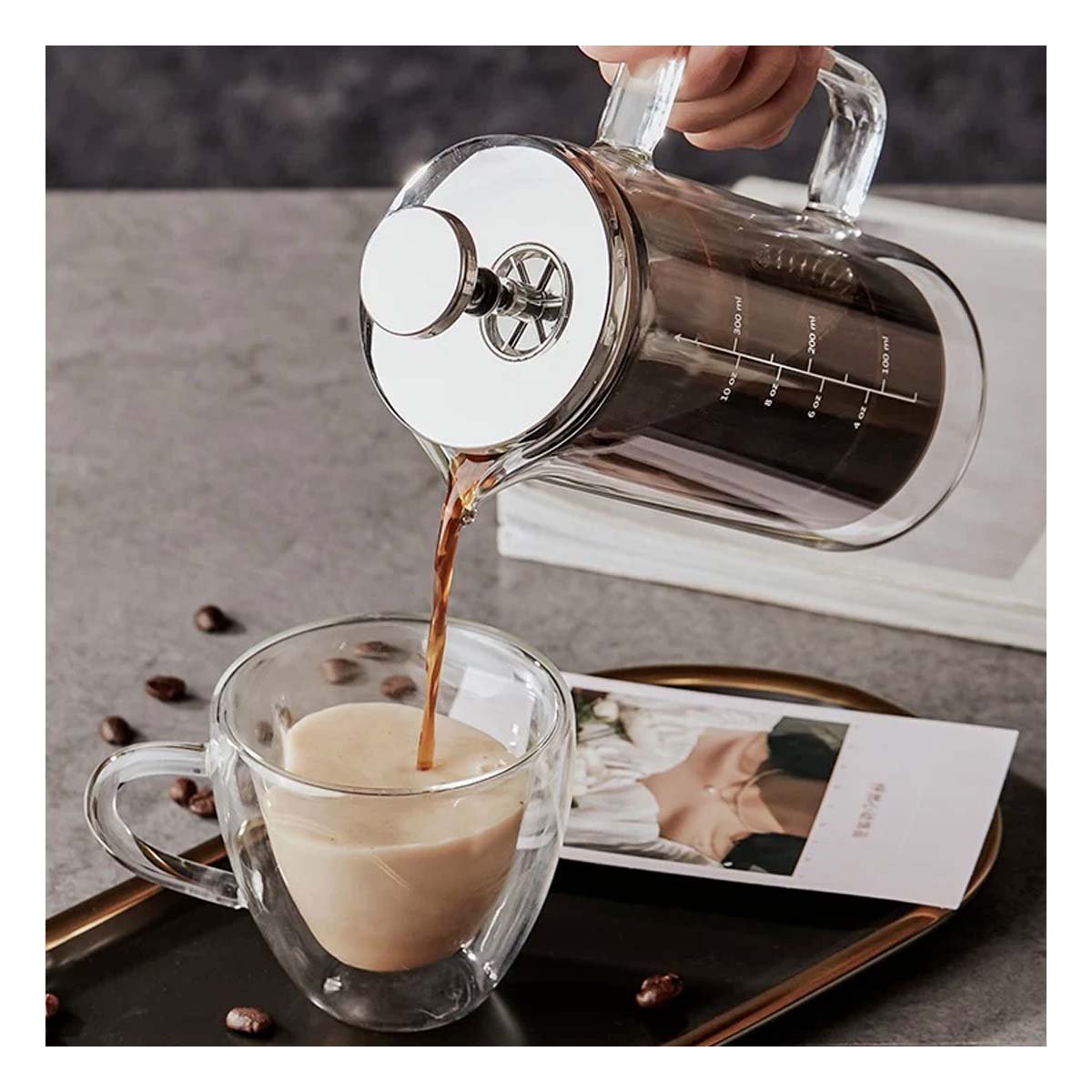 CAFETERA RECTO COLOR TRANSPARENTE 350ML PARA COCINA EN BOROSILICATO Y ACERO Y+REGALO STICKER - 2