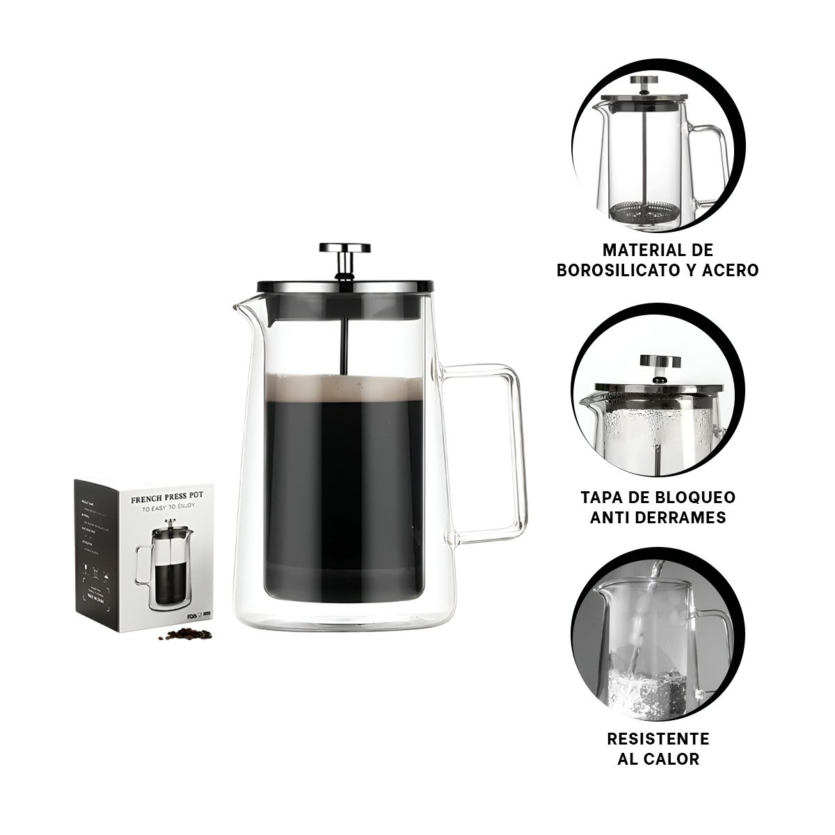 CAFETERA FRANCESA DE COLOR TRANSPARENTE 350ML EN BOROSILICATO Y ACERO - 3