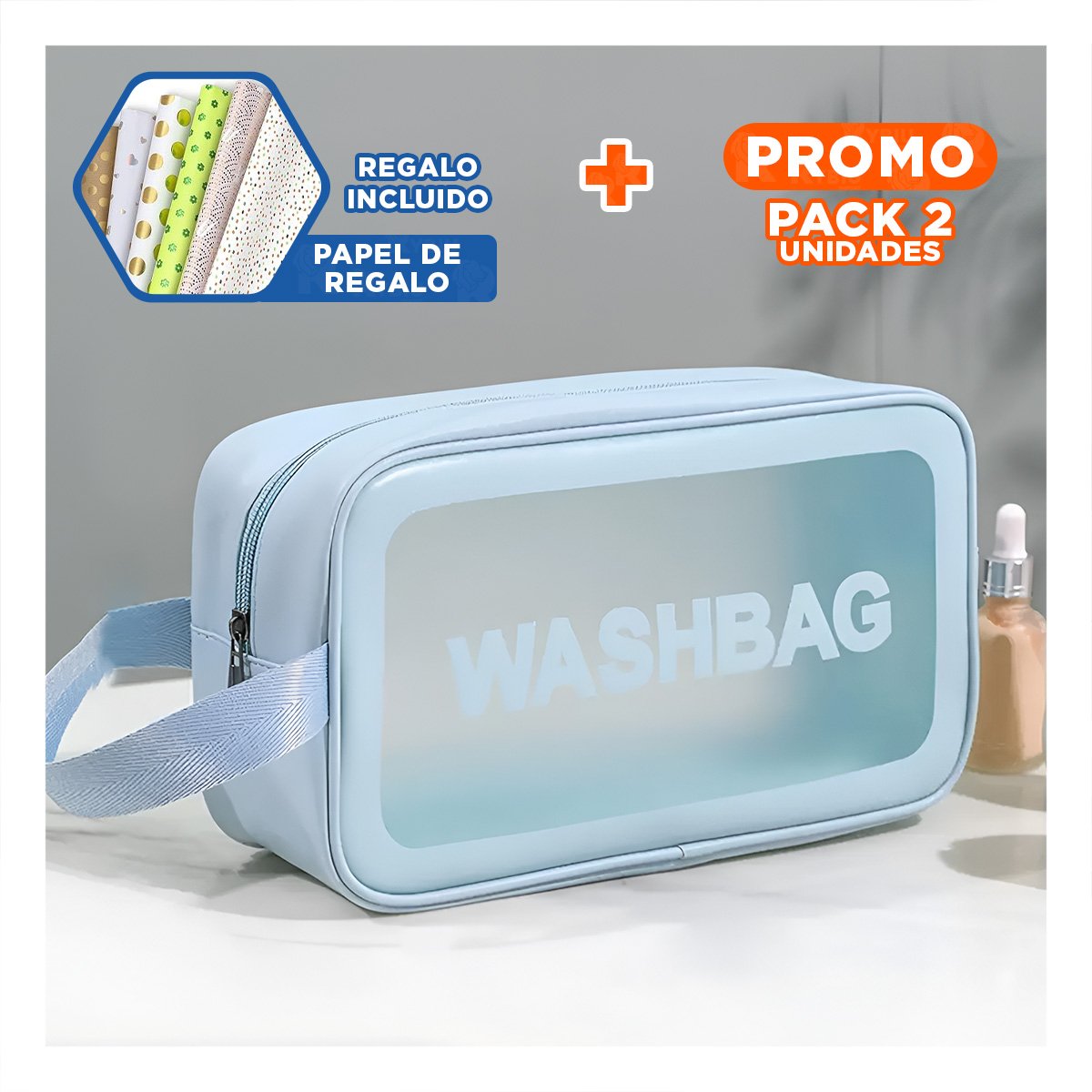 PACK2 BOLSO PARA VIAJE 22X13X7CM DE COLOR CELESTE Y+PAPEL REGALO - 1