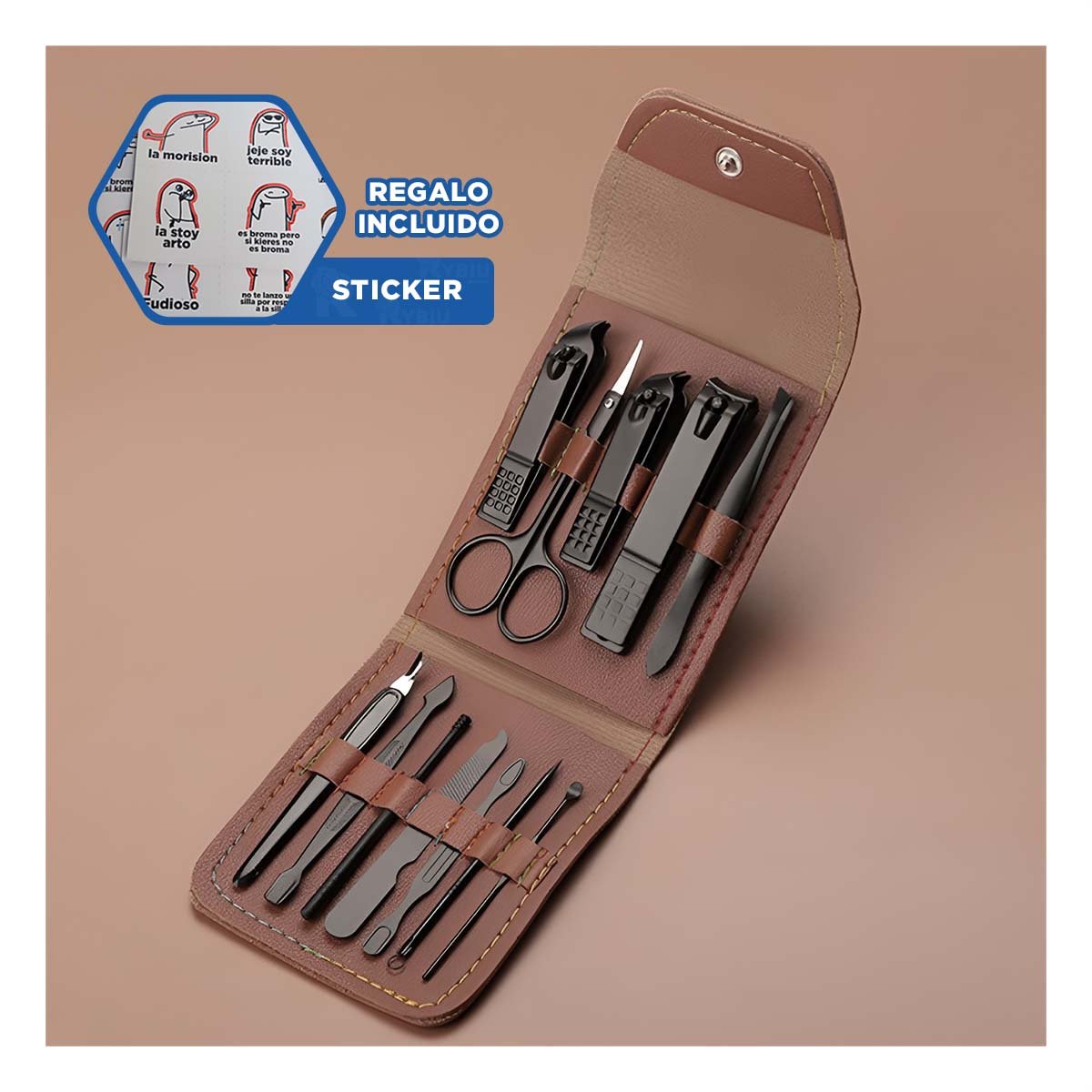 KIT 12 PIEZAS MANICURE Y PEDICURE MARRON ELEGANTE Y COMPACTO PARA PINZAS Y+REGALO STICKER - 1
