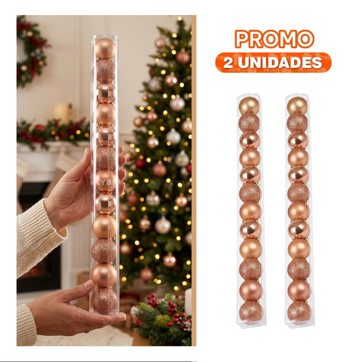 PACK2 PIEZAS DECORATIVAS DE NAVIDAD BOLAS ORO ROSA CON 3 DISENOS BRILLANTE ESCARCHADO Y MATE - 1