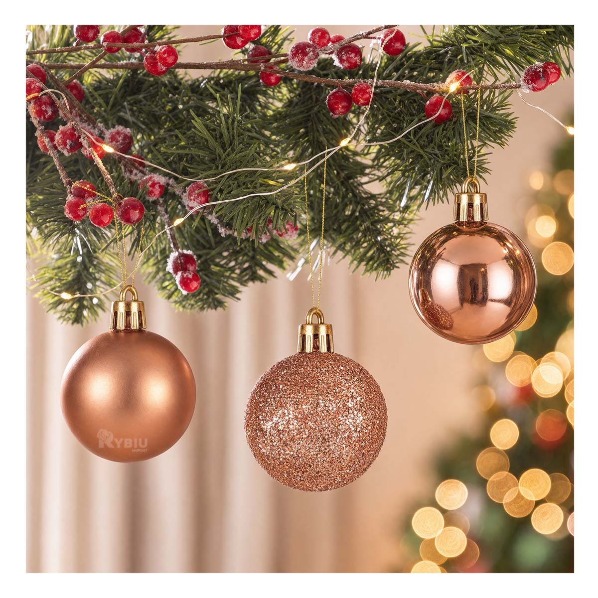 PACK2 PIEZAS DECORATIVAS DE NAVIDAD BOLAS ORO ROSA CON 3 DISENOS BRILLANTE ESCARCHADO Y MATE - 2