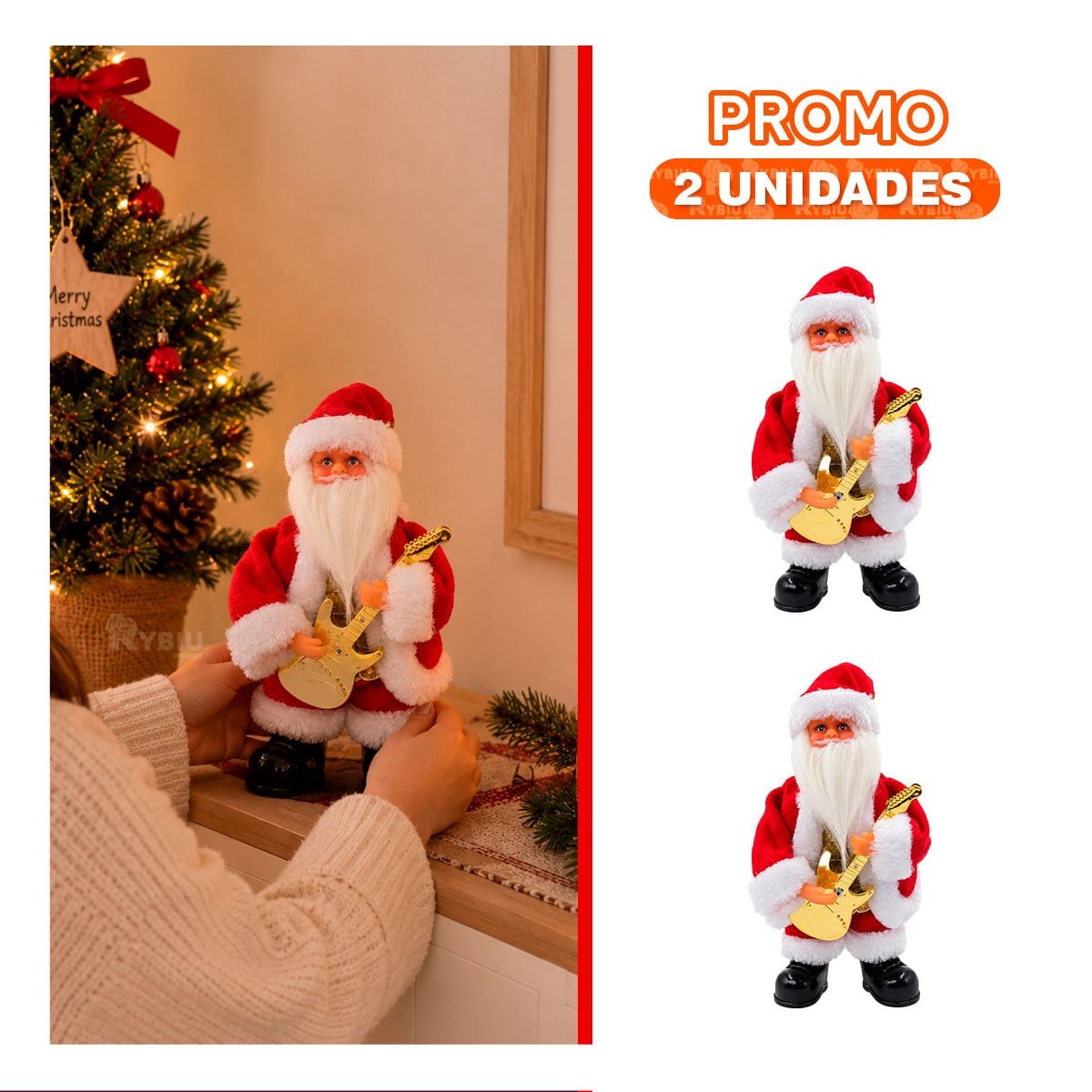 PACK2 MUNECO CLASICO PAPA NOEL CON GUITARRA 25 CM ROJO FIGURA DECORATIVA - 1