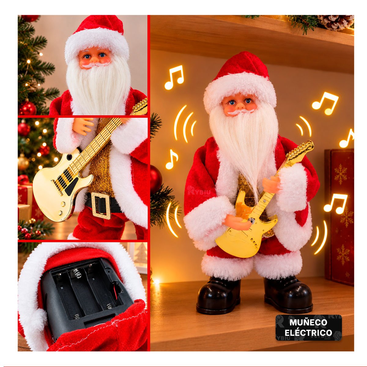 PACK2 MUNECO CLASICO PAPA NOEL CON GUITARRA 25 CM ROJO FIGURA DECORATIVA - 4