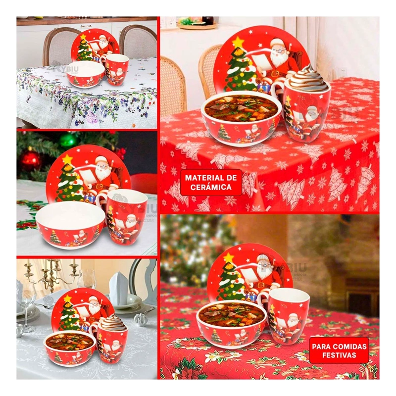 SET DE VAJILLA NAVIDENA CON SANTA Y ARBOL DE NAVIDAD EN COLOR ROJO