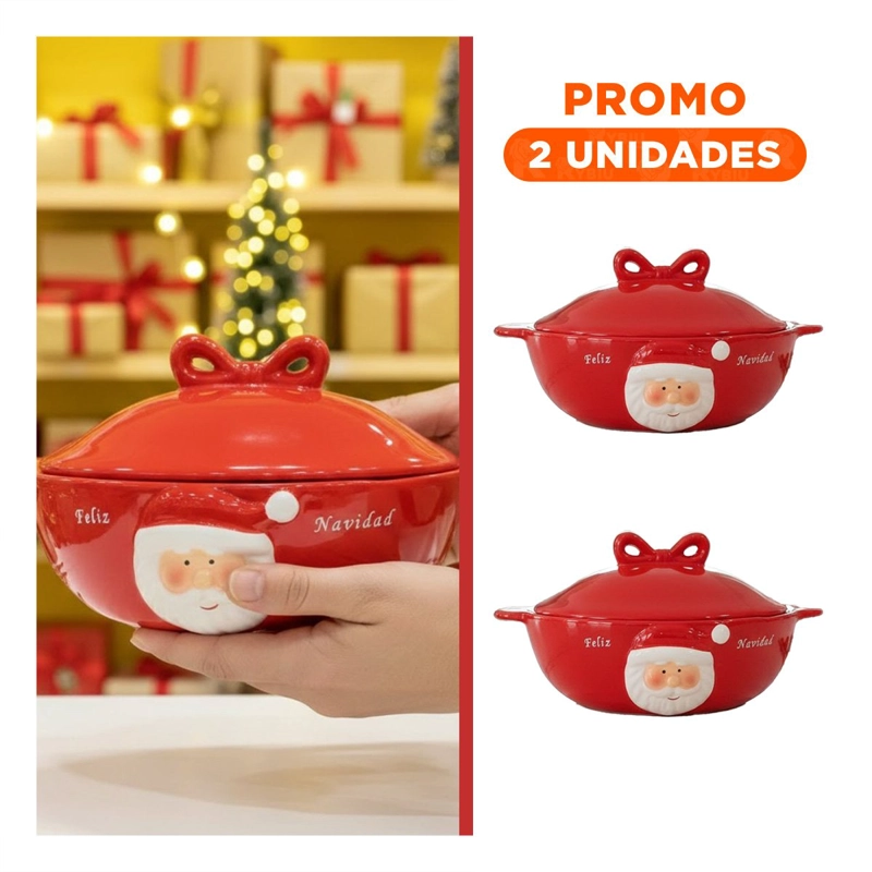 PACK2 BOWL DE NAVIDAD CON TAPA DE PAPANOEL PARA CHOCOLATES Y FRUTAS ROJO Y+REGALO STICKER - 1