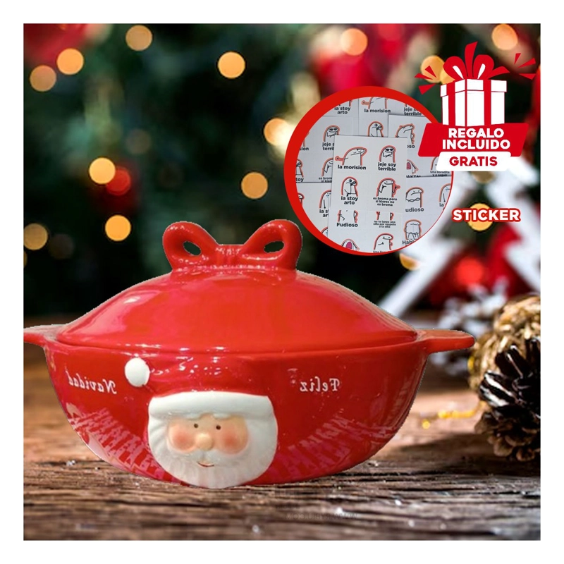 PACK2 BOWL DE NAVIDAD CON TAPA DE PAPANOEL PARA CHOCOLATES Y FRUTAS ROJO Y+REGALO STICKER - 2