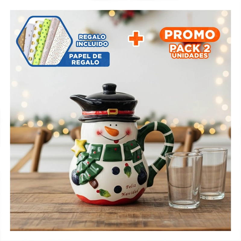 PACK2 RECIPIENTE MUÑECO DE NIEVE VERDE 3LT PARA CHOCOLATE O PONCHE Y+PAPEL REGALO - 1