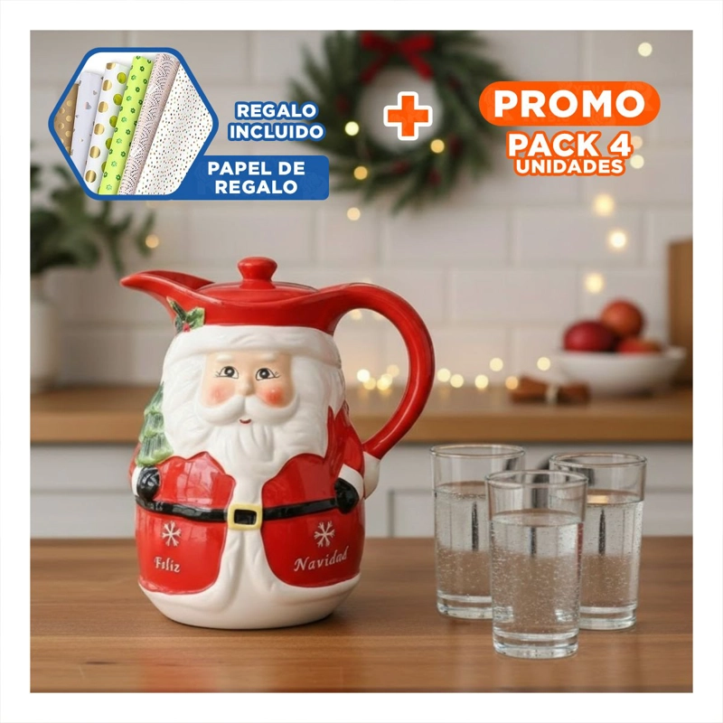 PACK4 DISPENSADOR CERÁMICO PAPA NOEL CON ARBOLITO 3LT PARA SERVIR BEBIDAS Y+PAPEL REGALO - 1