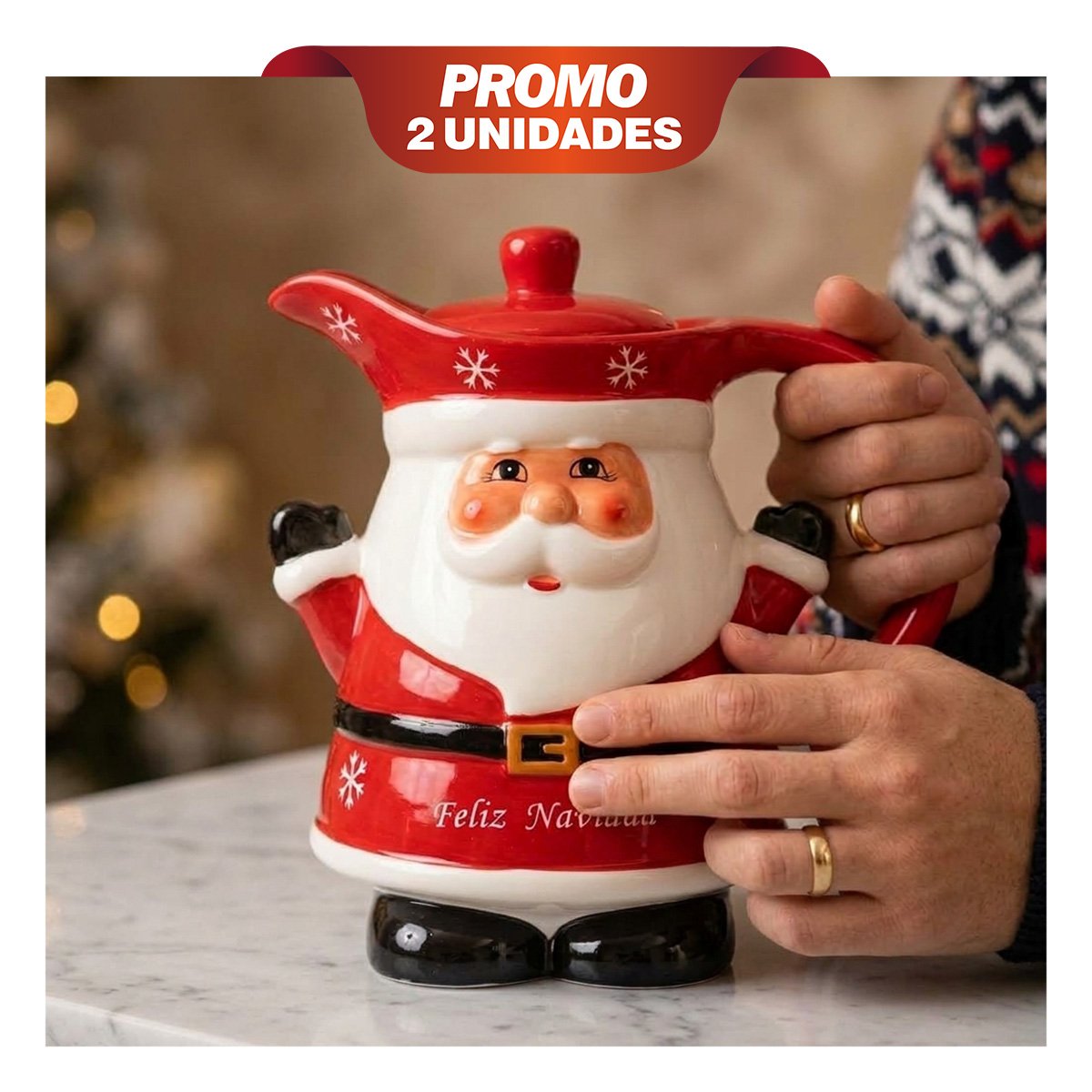 PACK2 RECIPIENTE GRANDE CON TAPA DE PAPA NOEL ALZANDO LAS MANOS 3LT ROJO 22X18CM YPAPEL REGALO - 1