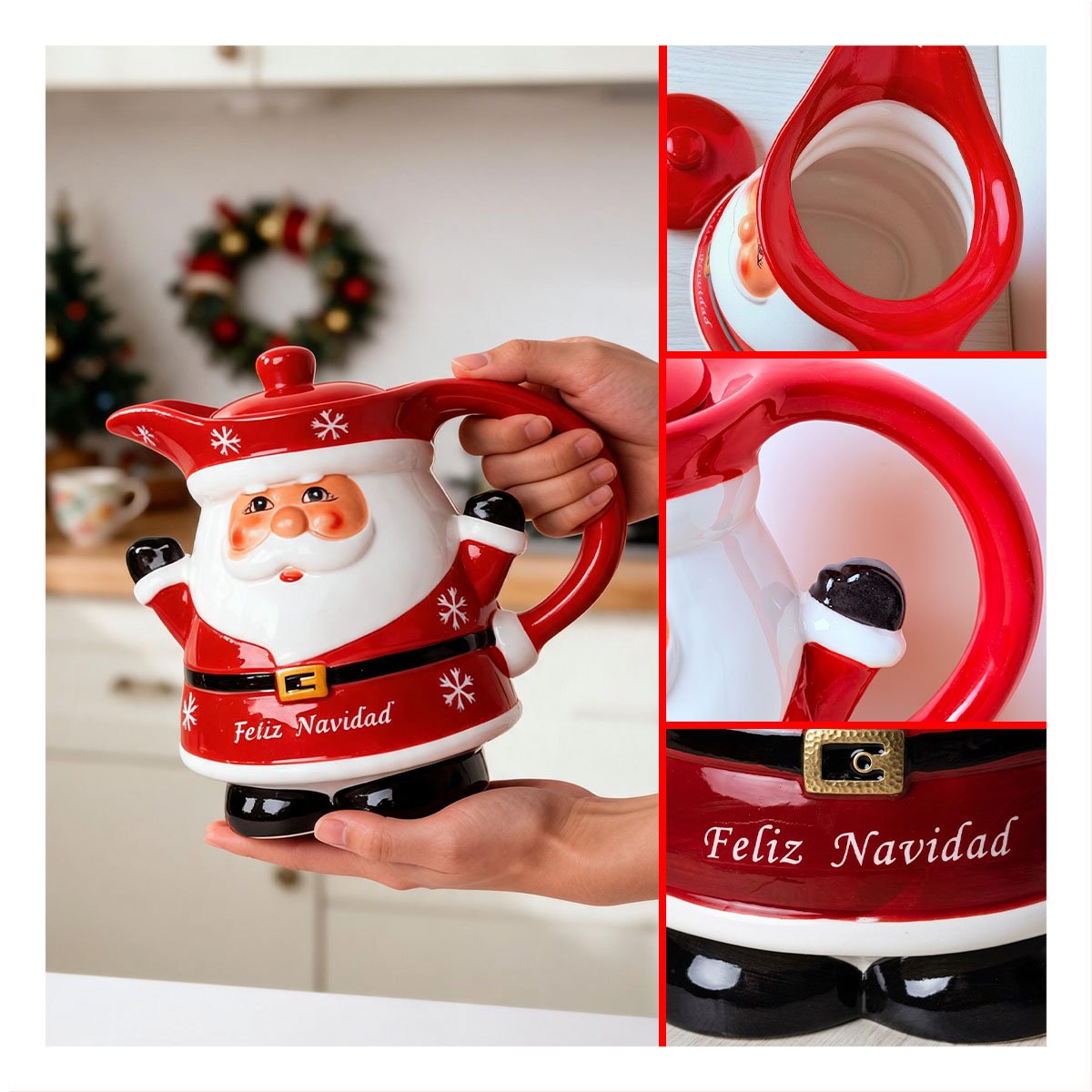 PACK2 RECIPIENTE GRANDE CON TAPA DE PAPA NOEL ALZANDO LAS MANOS 3LT ROJO 22X18CM YPAPEL REGALO - 3