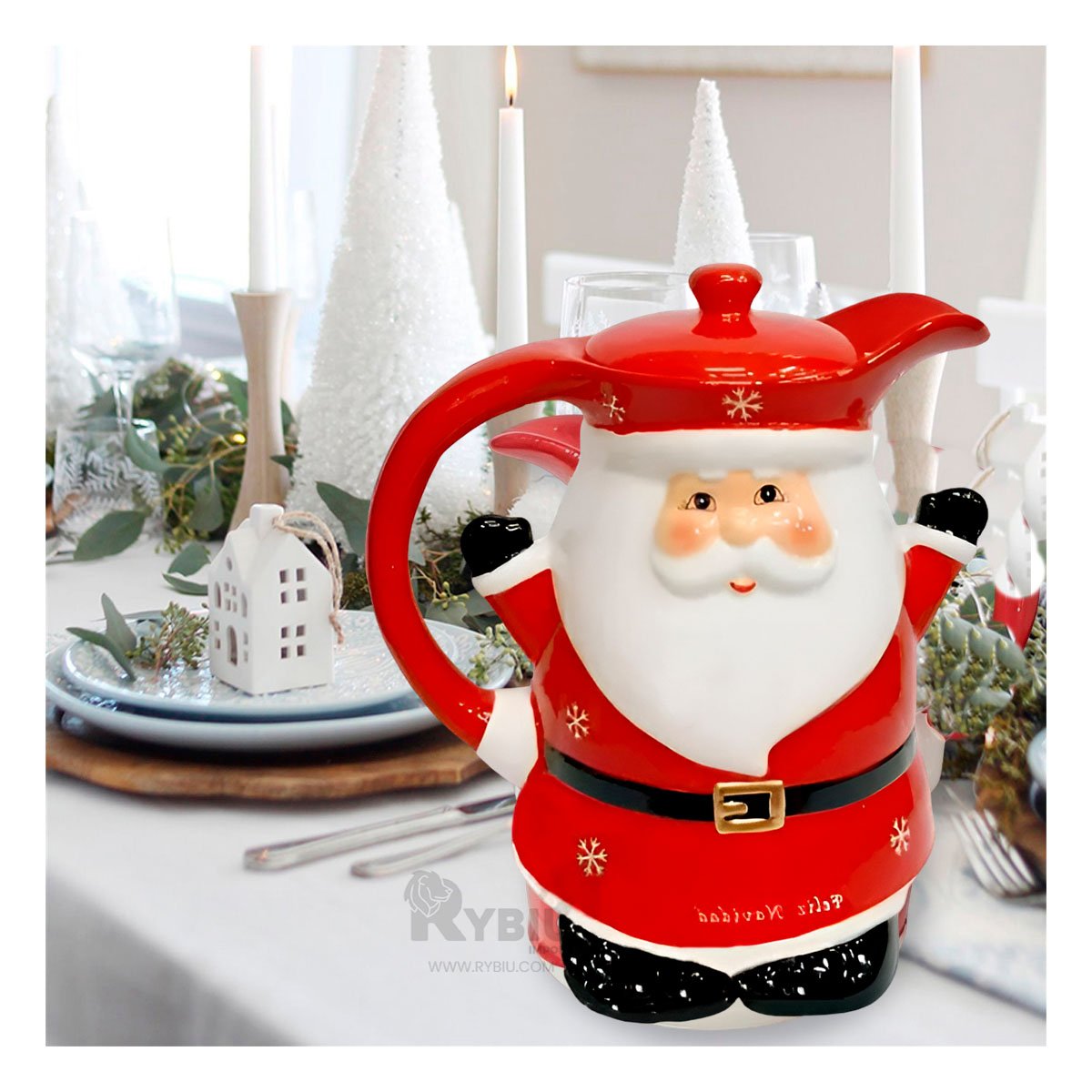 PACK2 RECIPIENTE GRANDE CON TAPA DE PAPA NOEL ALZANDO LAS MANOS 3LT ROJO 22X18CM YPAPEL REGALO - 5