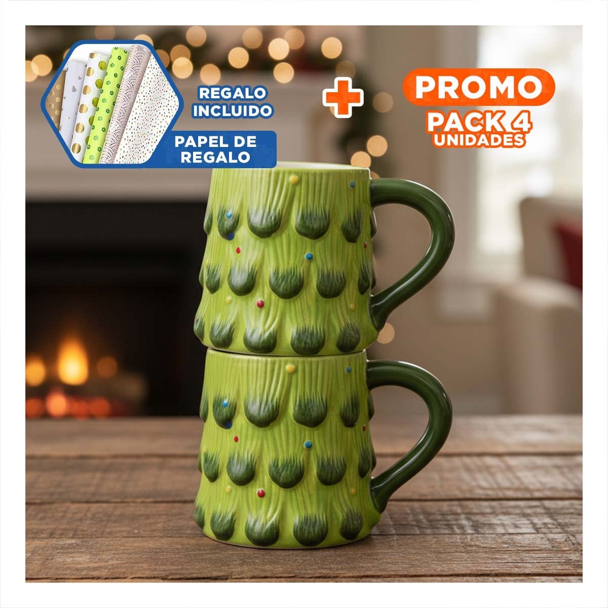 PACK4 TAZA ARBOL PINO CAPACIDAD 400ML COLOR VERDE NAVIDEÑA PARA DESAYUNO HOGAR YPAPEL REGALO - 1