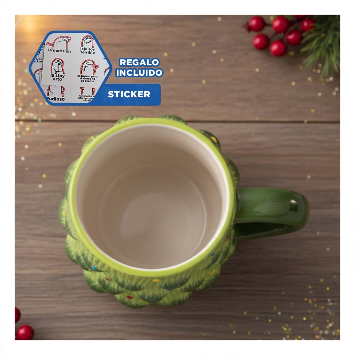 TAZA PINO ARBOL CAPACIDAD 400ML COLOR VERDE PARA BEBIDA INVIERNO Y COCINA YREGALO STICKER - 1